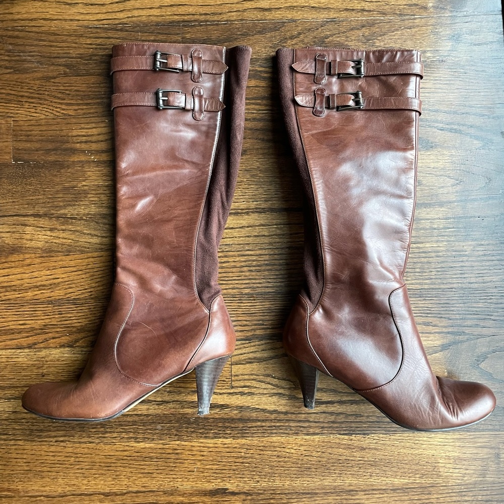 Cole Haan + Nike Air brown heeled calf boots.